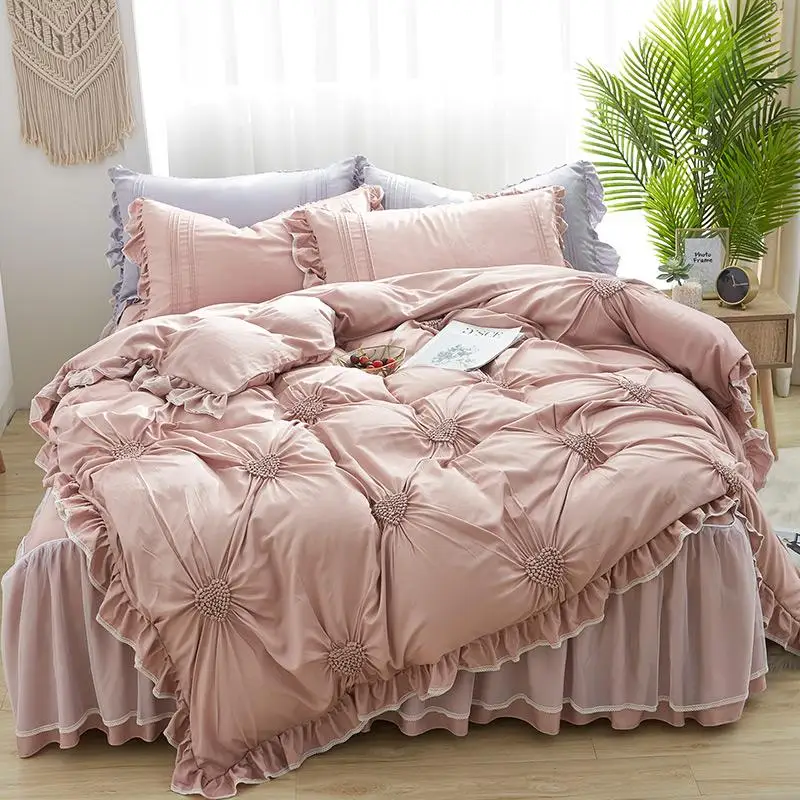 

36 4 Pcs Heart Pinch Pleated Duvet Cover,100% Tencel Ultra soft Duvet Cover Ruffle Korean Bedding set Bed skirt for Girls