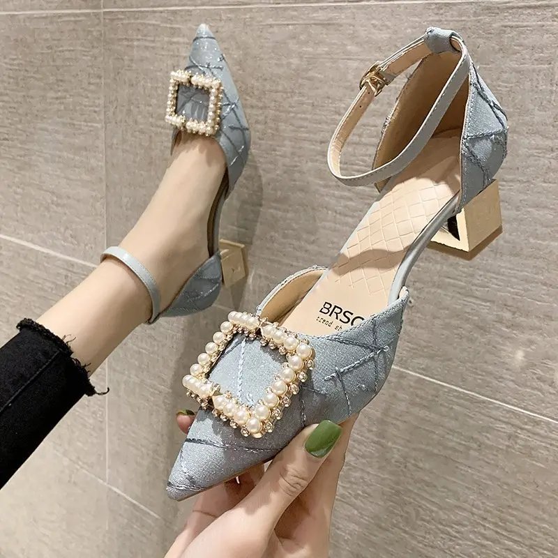 

Block Heels Fashion Womens Shoes 2021 High Sandals Female Buckle Strap Chunky Luxury New High-heeled Comfort Pointed Summer Girl