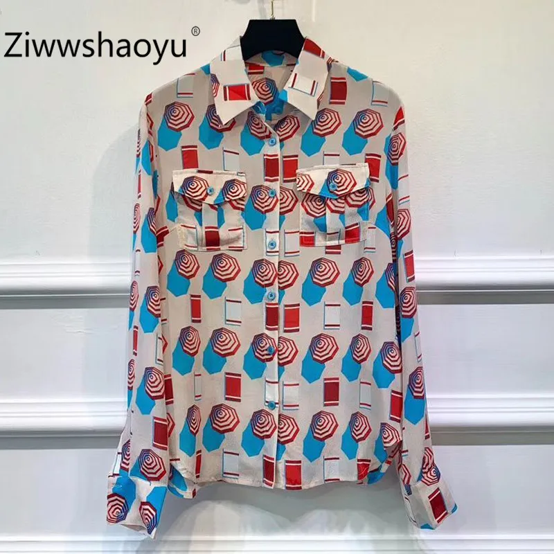 Ziwwshaoyu Новая Осенняя Высококачественная шелковая блузка рубашка женская с длинным рукавом с красочным принтом модные элегантные вечерние топы