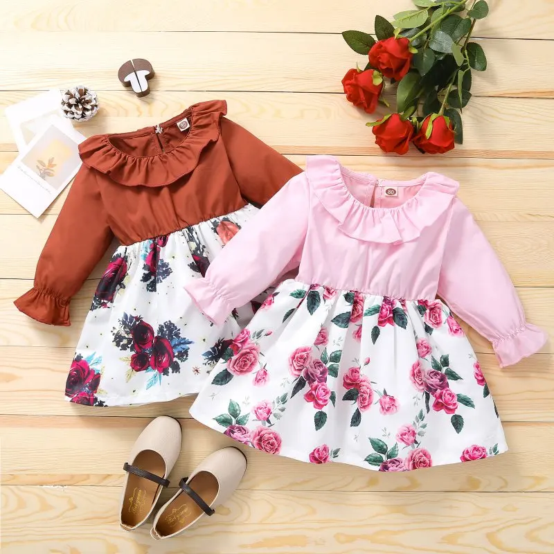 Baby Girls Summer Flower Clothes Floral Long Sleeve Dress Toddler Clothing Birthday Princess Party Dress Pink 12M-6T