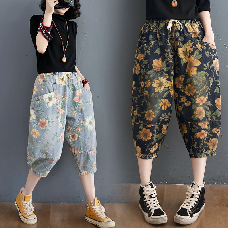 

Denim Trousers Vintage Wide Leg Pants Women Chic Print Calf-length Pants High Waist Elastic Waistline Plus Size Pantalones Mujer