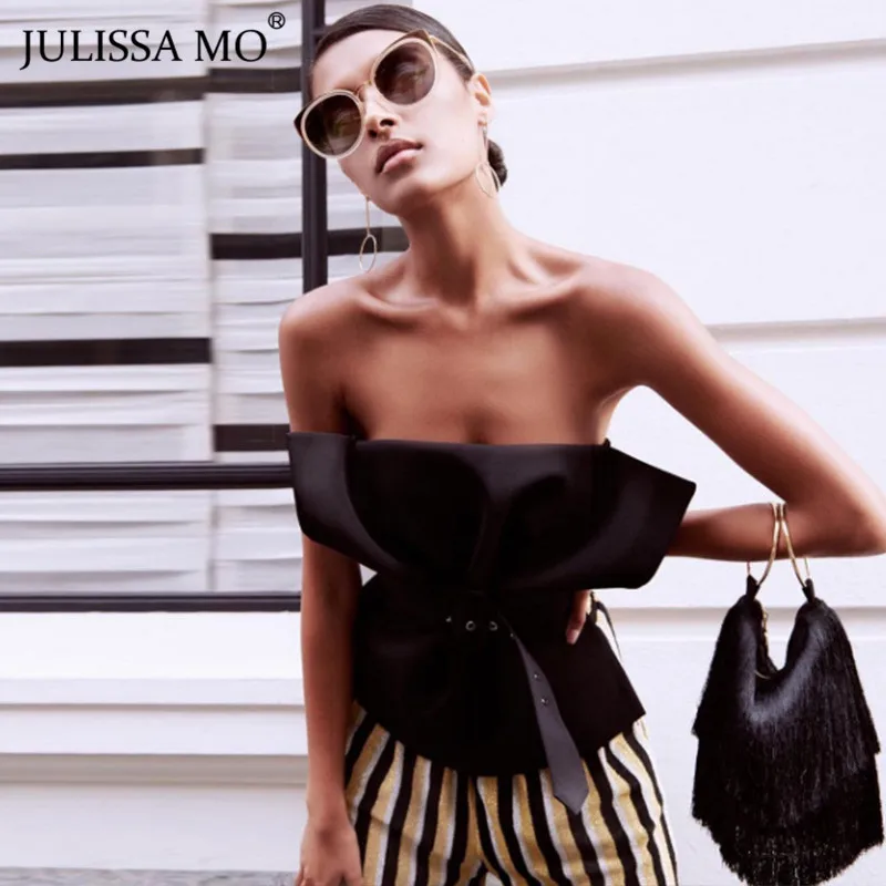Julissa mo, летние женские топы с открытыми плечами, модные, без бретелек, без рукавов, тонкие сексуальные топы для женщин, повседневный укороченный Топ для женщин