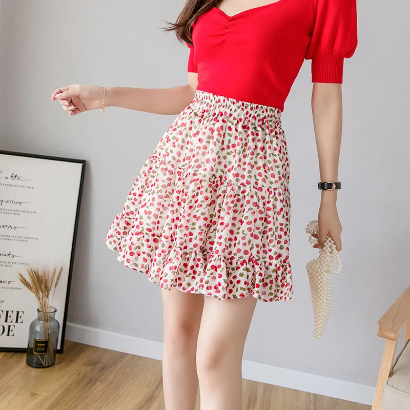 

Korean Version Of Rural Small Fresh Broken Flower Summer High Waist Splicing Chiffon Pleated Printed Women Mini Tutu short Skirt