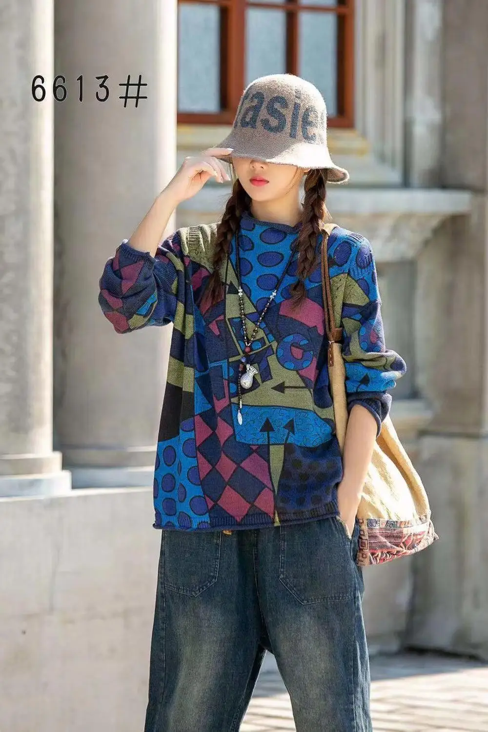 Литературный ретро Весна и осень новый с длинными рукавами Печатный свитер