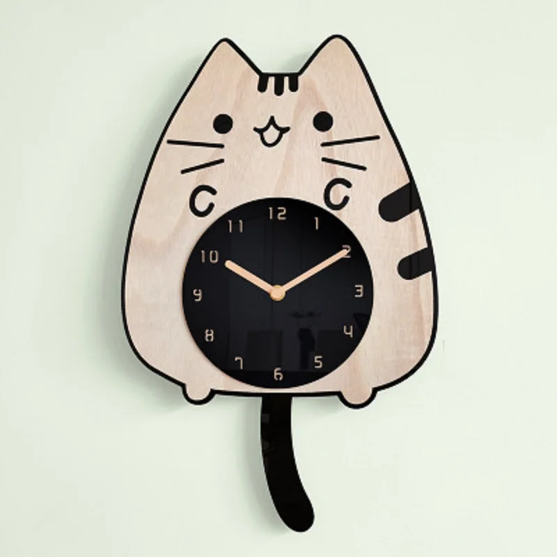 Wooden Cartoon Wall Clocks Baby girls Children's Room home Decoration Cat Wagging Tail Design Creative Silent Swinging Clock | Дом и сад