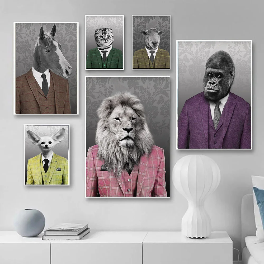 

Modern Fashion Animal Head Human Body Canvas Painting Nordic Deer Cat Dog Portrait Posters Print Wall Art Picture For Room Decor