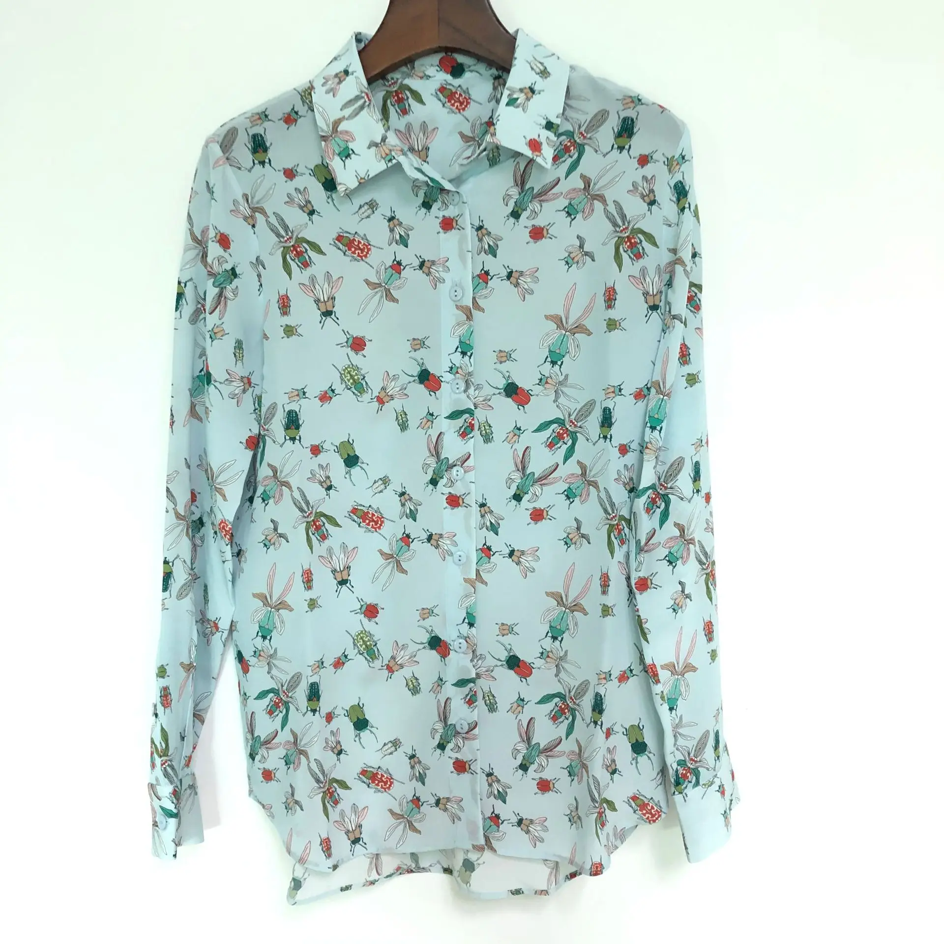 

100% Silk Insects Print Women Blouse Early Autumn Lady Casual Long Sleeve Female Shirt And Tops