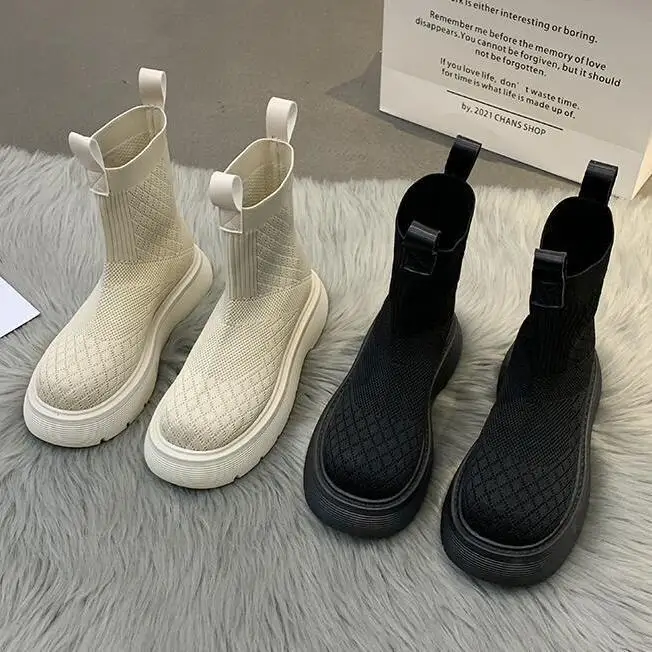 

2021new Knitted Ankle Boots Female Online Influencer Martin Fashion All-Match Platform Casual Smoke Pipe Stretch Boots Rhombus