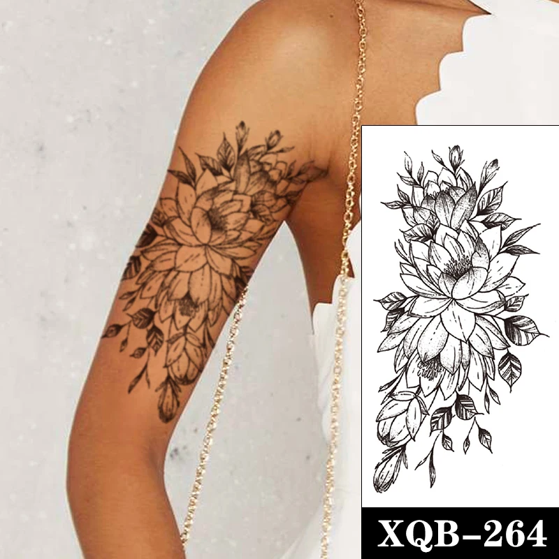 

Hannah Style Temporary Tattoo Stickers Plain Line Flowers Rose Lotus Fake Tattoos Waterproof Tatoos Arm Leg Large Size for Women