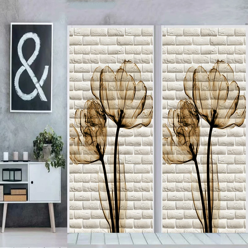 

2pcs/set White Brick Wall Tulip Door Art Mural Sticker Living Room Corridor Entrance Decorative Painting Peel & Stick Wallpaper