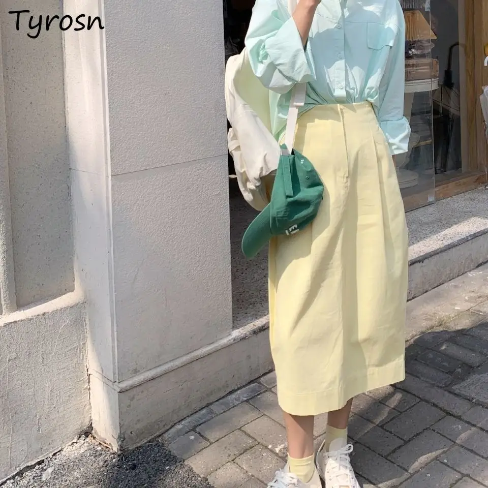

Bud Skirts Women Mid-calf Solid Folds Temperament Elegant Tender All-match Sweet Teens Retro Lovely Empire Waist Aesthetic Slit