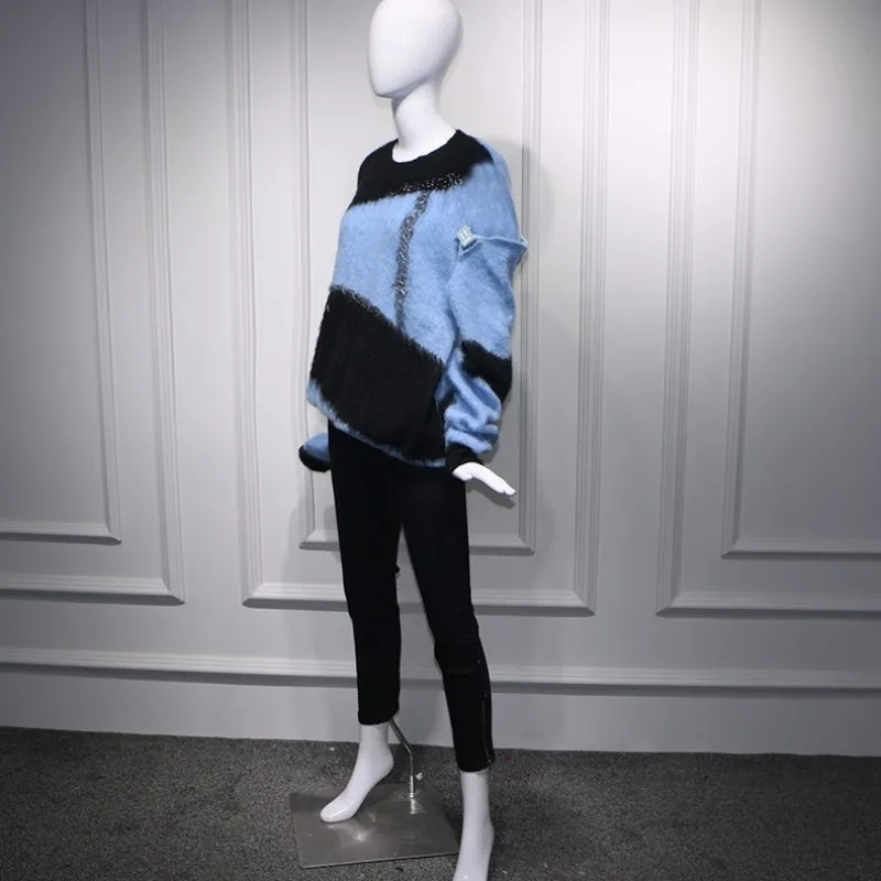 Модные черные Лоскутные синие пуловеры с круглым вырезом и длинным рукавом