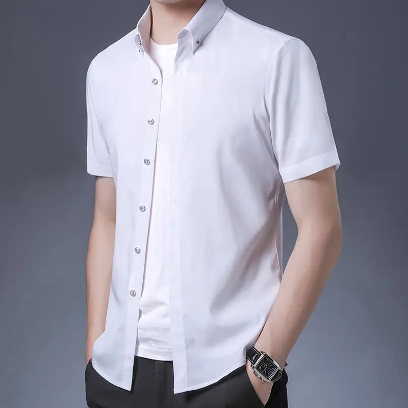 Men Dress Shirt Summer Business Men's Short Sleeve Casual Shirt Japanese Fashion Slim Fit Drill Buckle Male Clothing Korean 4XL