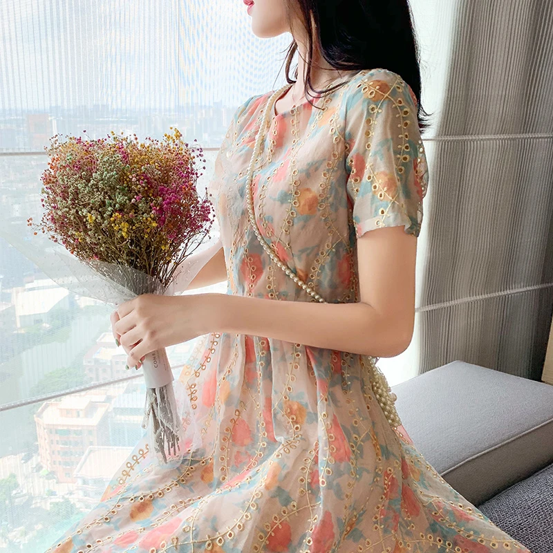 

new arrival fashion summer mini beach dress women temperament sweet o-neck short sleeves floral chiffon embroidery hollow dress