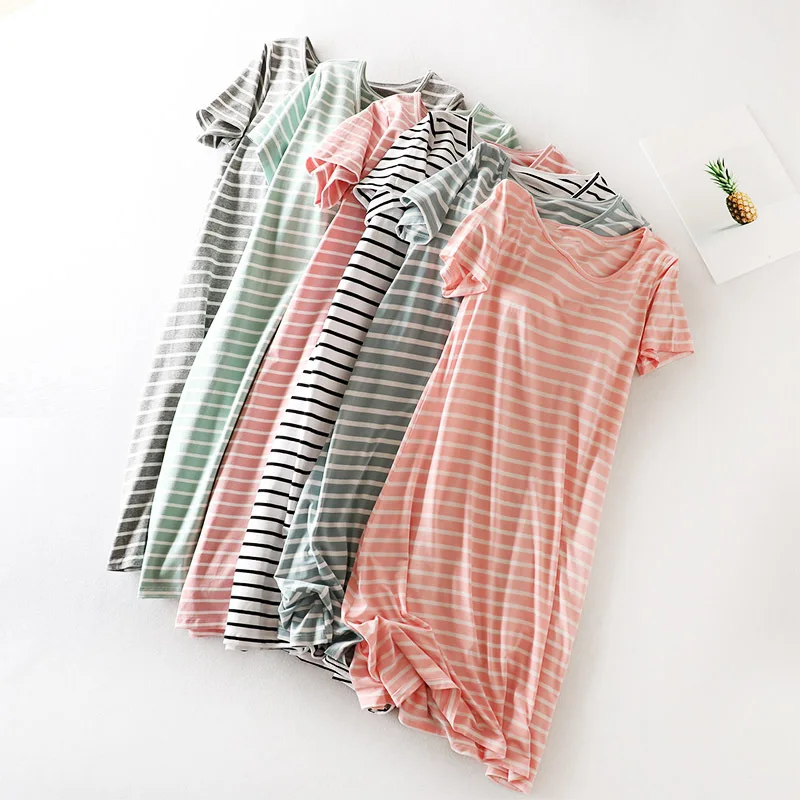 

Summer modal women's nightdress with chest pad striped bra integrated home loose short sleeve mid-length dress