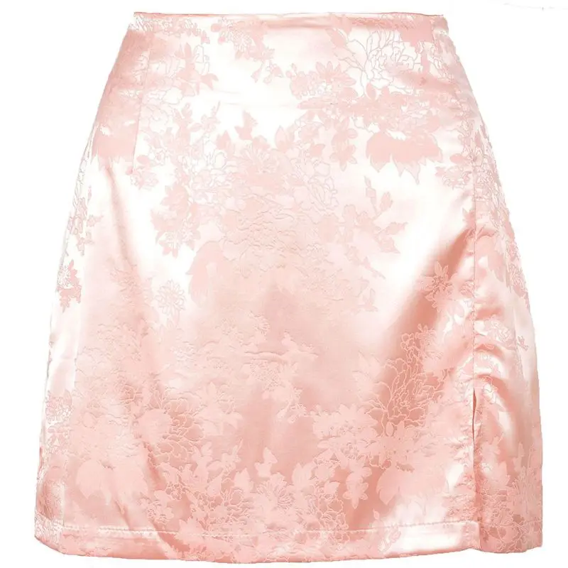 

Women Summer Vintage Floral Jacquard Satin Short Mini Skirt with Zipper High Waisted Sexy Side Split A-Line Slim Fit Beach Party