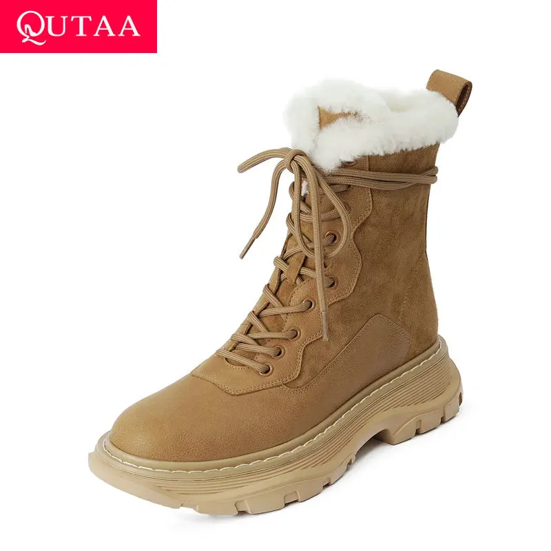 

QUTAA 2021 Sewing Cow Leather Scrub Ankle Boots Round Toe Keep Warm Women Shoes Lace Up Zipper Ladies Short Boots Size 34-39