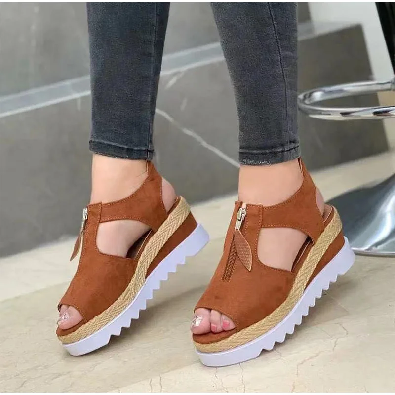 

Women Sandals Peep Toe Ladies Fashion Flats Platform Plus Size Straw Shoes Summer Female Zipper Woman Fashion Footwear New