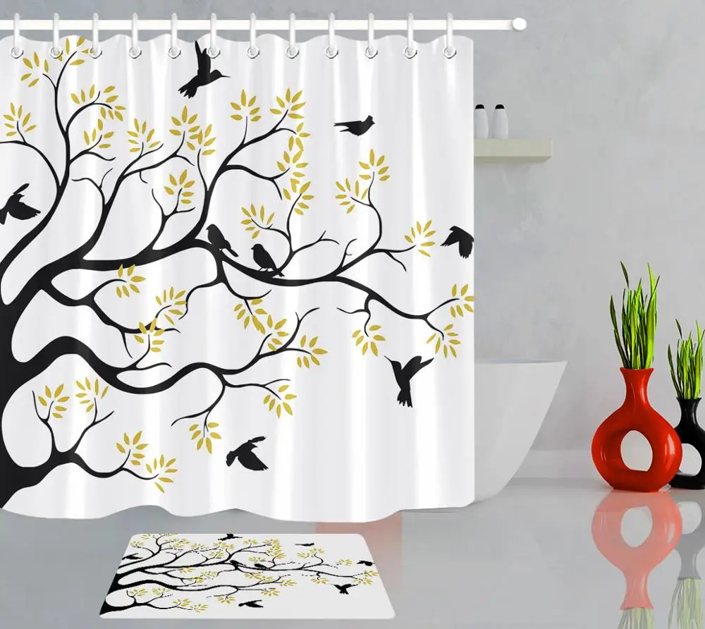 Черно белая занавеска для душа весенний пейзаж дерево птица ванной s коврик