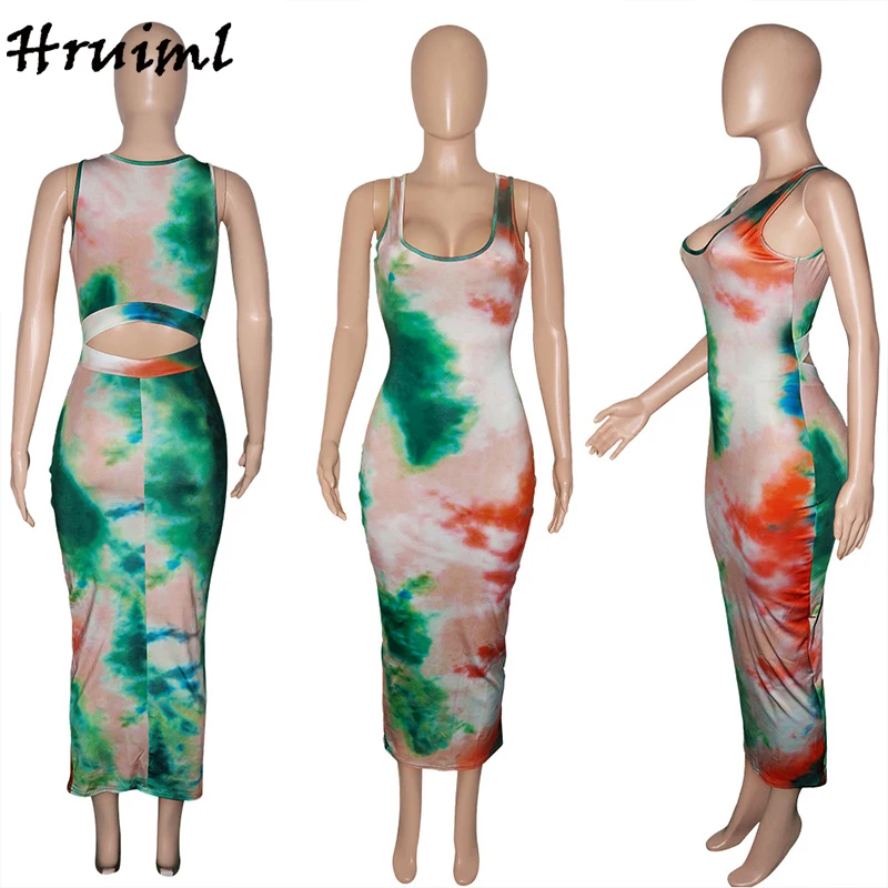 

Women Dresses Hollow Out Sexy Sling Tie-dye Printing Fashion Personalized Dress Sleeveless Temperament One-step Dress Women 2021