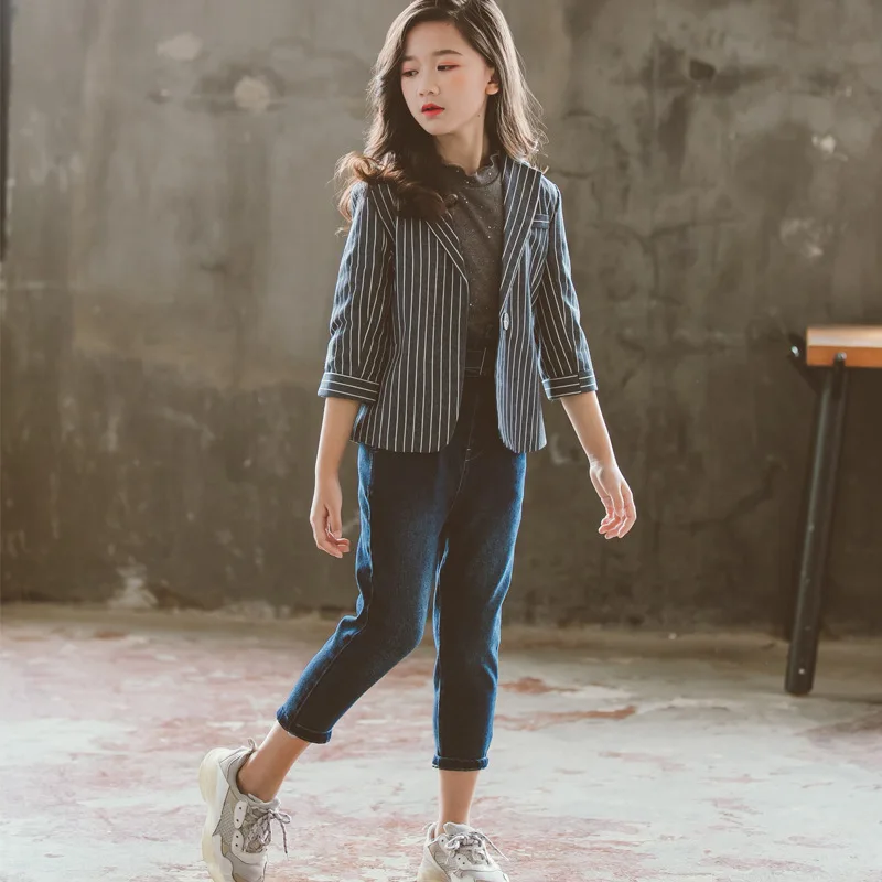 Комплект детской одежды из 2 предметов для девочек пальто в полоску с длинным