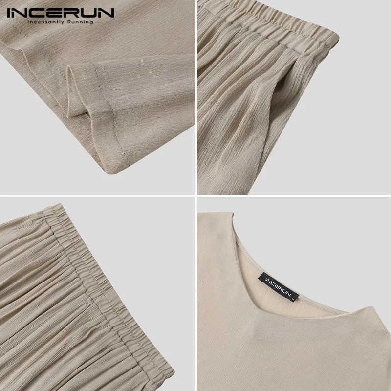 

INCERUN Vintage Men Sets Solid Color Streetwear Flare Half Sleeve V Neck T Shirt Tops Loose Wide Leg Pants Men Suits 2 Pieces