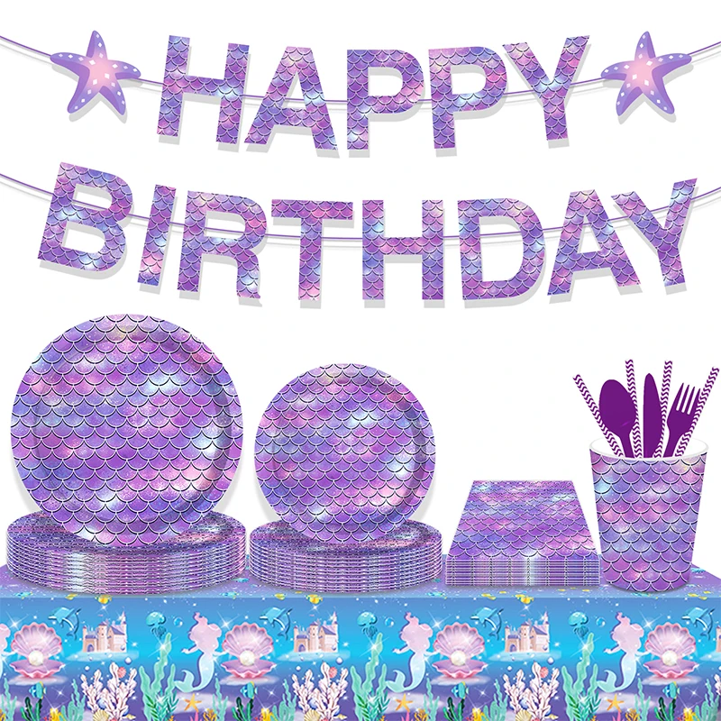 

Mermaid Party Disposable Tableware Set Paper Cups Plate Kids 1st Birthday Party Decorations Mermaid Balloons Baby Shower Favors