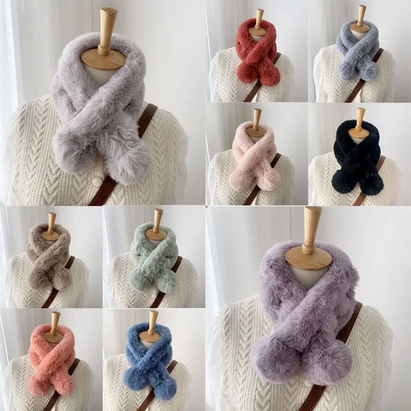 

Women Plush Scarf Winter Warm Scarf Double Ball Thicken Scarves Rex Rabbit Fur Collar Scarf Sweet Solid Color Soft Furry Shawl