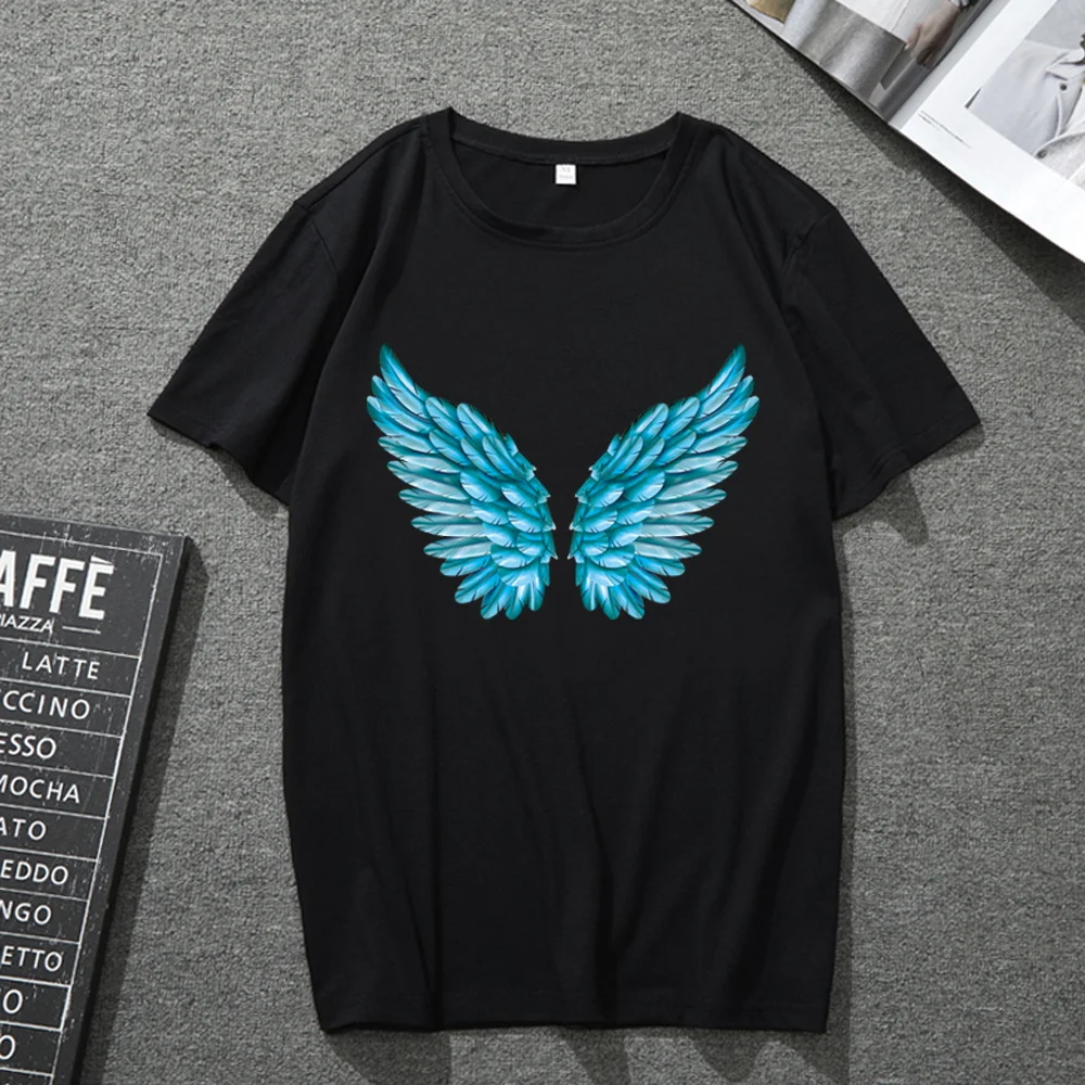 

T-shirt Men and Women Gradient Fun Personality Feather Printing T-shirt Short-sleeved Black Breathable Casual Comfortable Top