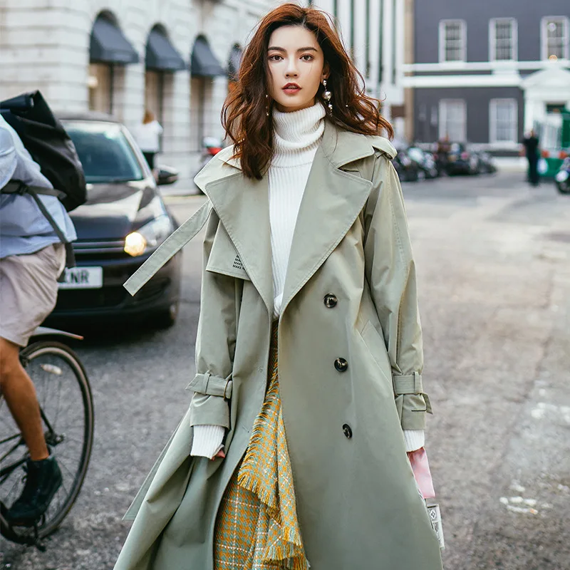 

Spring Autumn Chic Women Trench Coat with belt Medium Length Double Breasted Letter Print Embroidered Windbreaker Outerwear