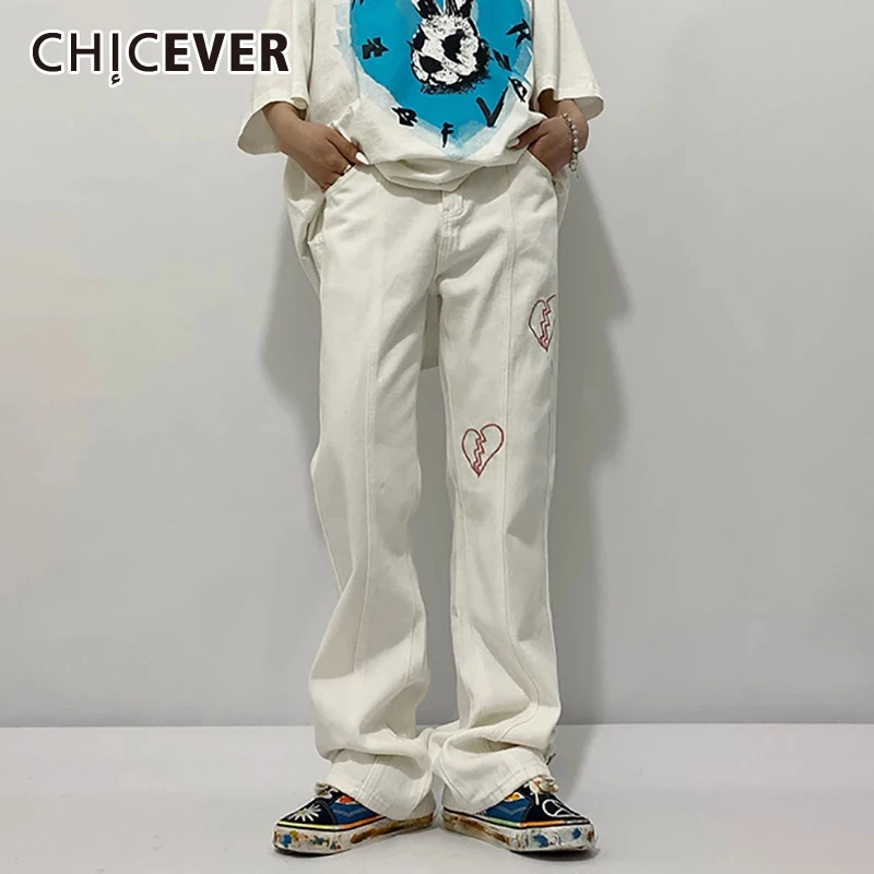 

CHICEVER Minimalist Fashion Embroidered Heart Jeans For Women High Waist Colorblock Loose Denim Flare Leg Pant Female 2021 Style