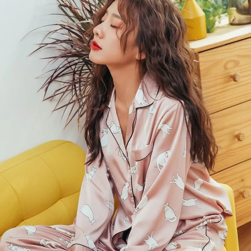 

Summer Pyjamas Satin Silk Women Pajamas Sets Pijamas Mujer Cute Cat Femme Long Sleeve Sleepwear Female Homewear Home Service