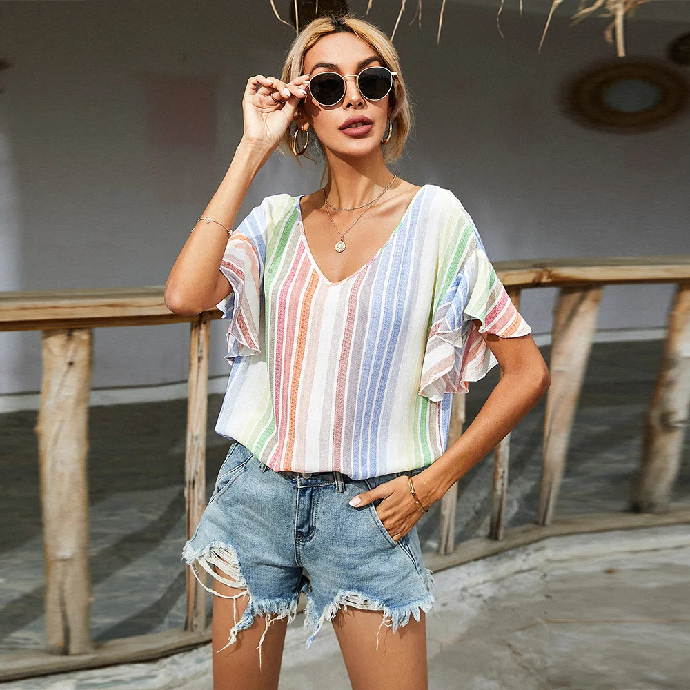 

Summer Top 2021 Rainbow Striped Graphic Tee Vintage Loose Waist Woman Tshirts Casual V-neck Folds Short Slevee Shirts for Women