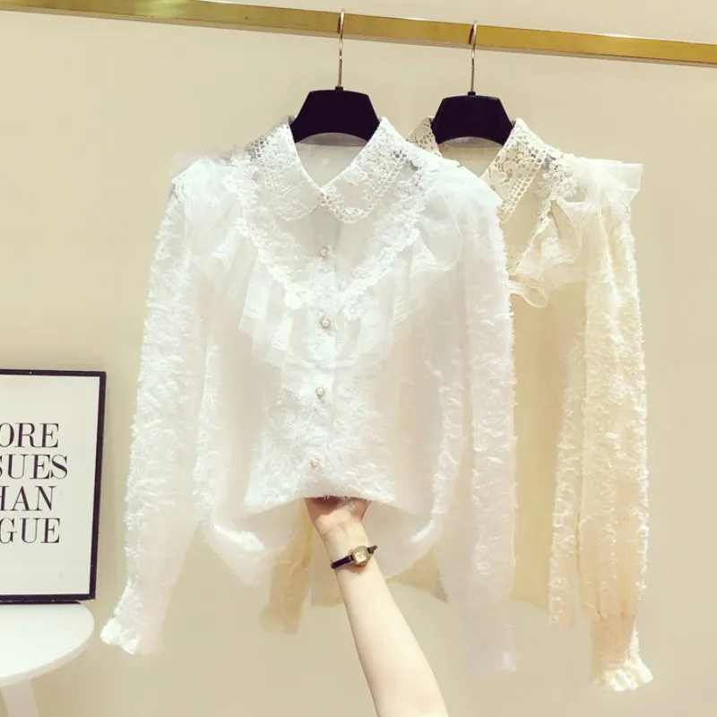 Новая весенняя Милая офисная Дамская блузка с кружевным воротником и оборками