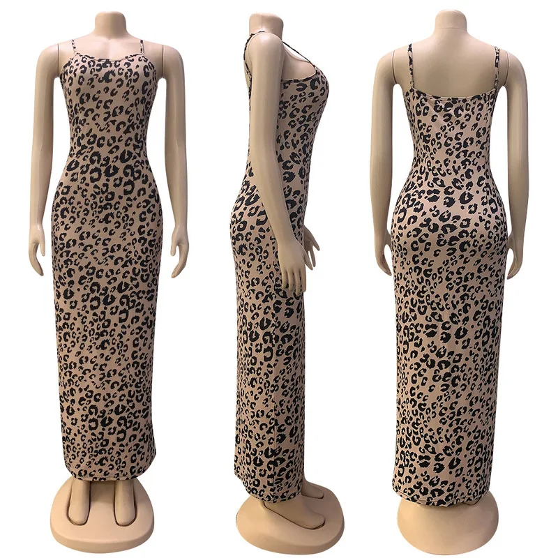 

HAOOHU Spaghetti Strap Leopard Print Dress Streetwear Sleeveless Bodycon Clothing Vestidos Woman Party Night Maxi Dresses