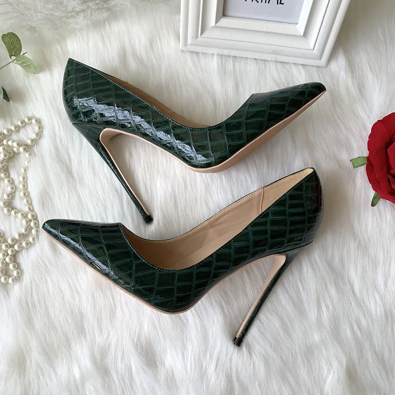Женские туфли с острым носком темно-зеленые туфли-лодочки на высоком каблуке 12 см