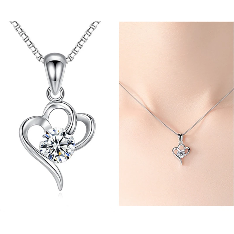 

Fashion Lady Silver 925 Necklace Female Choker Classic Crystal Heart Pendant Necklace For Women Jewelry Shiny Stone Jewelry Girl