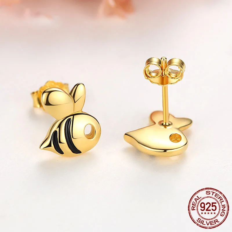 TONGZHE Genuine 925 Sterling Silver Honey Bee Earring For Women Stud Earrings Gold Color Cute Animal Cool Jewelry Gift KLTE106-1 | Украшения