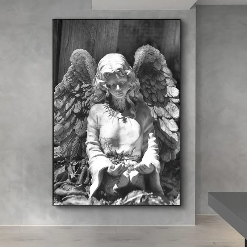 

Black And White Angel Statue Canvas Wall Art Posters And Prints Angel Wings Sculpture Picture On Wall Painting For Living Room
