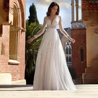 elegant long sleeved wedding dress sexy deep v neck a line leaf applique bridal gown vestidos de novia white marriage dress