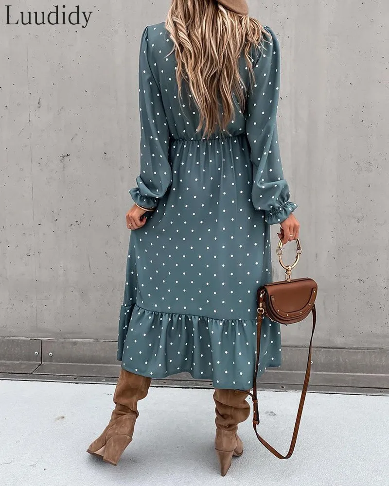 

Women Long Sleeve Dot Print High Slit Button Design Ruffles Dress