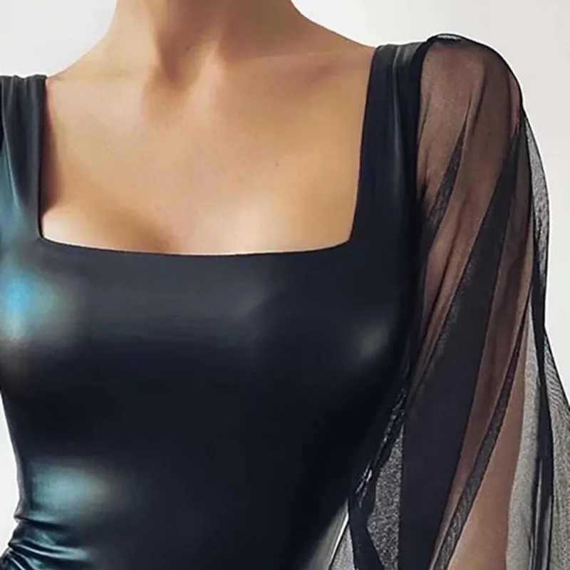 Женский Облегающий комбинезон из ПУ кожи с длинным рукавом |