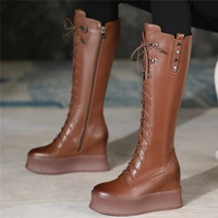 thigh high creepers women lace up genuine leather wedges high heel motorcycle boots female round toe platform pumps casual shoes