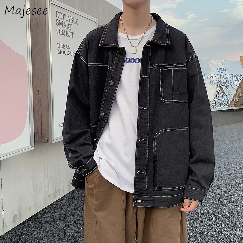 

Denim Jackets Men Black Retro Turn-down Collar Casual Coats Tooling Button-up All-match Harajuku Korean Fashion Male Chic Tops