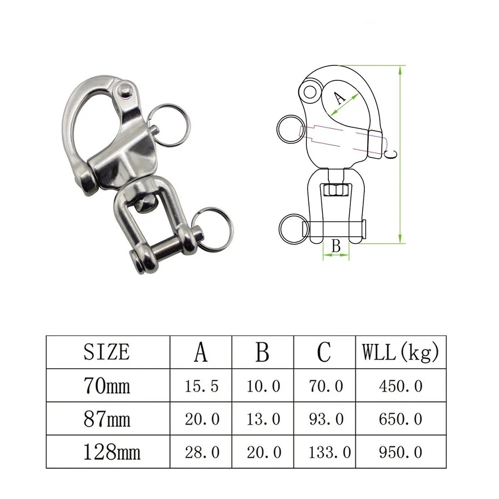 

5PCS Stainless Steel 316 Swivel Jaw Snap Shackle 70mm 87mm 128mm Marine Hardware Heavy Duty Quicke Release Snap Shackles