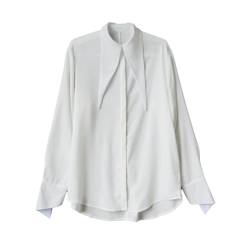 

VGH White Elegant Minimalist Shirts For Women Lapel Long Sleeve Casual Loose Straight Blouses Female 2021 Spring Fashion Clothes