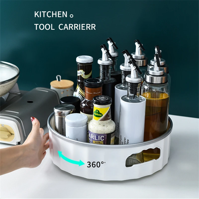 

Portable Kitchen Shelf Organizer Storage 360 Rotary Turntable Non-Slip Kitchen Display Tray Can Seasonings Spice Racks Fridge