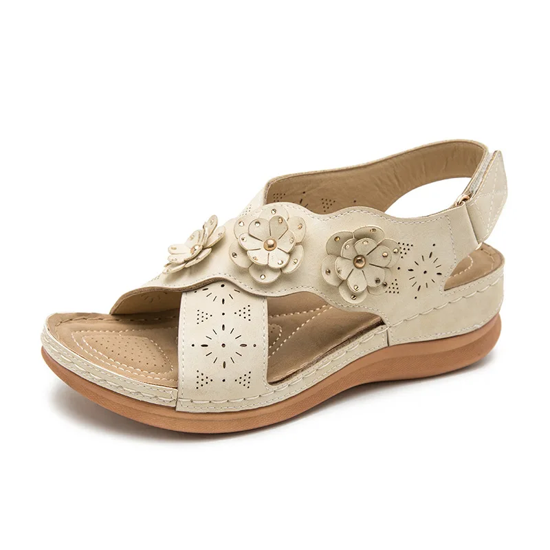 

Female Sandal 2021 Women's Shoes Large Size Girls New Flat Beige Fashion Big Comfort Flower Floral Solid PU Fabric Rome Scandals