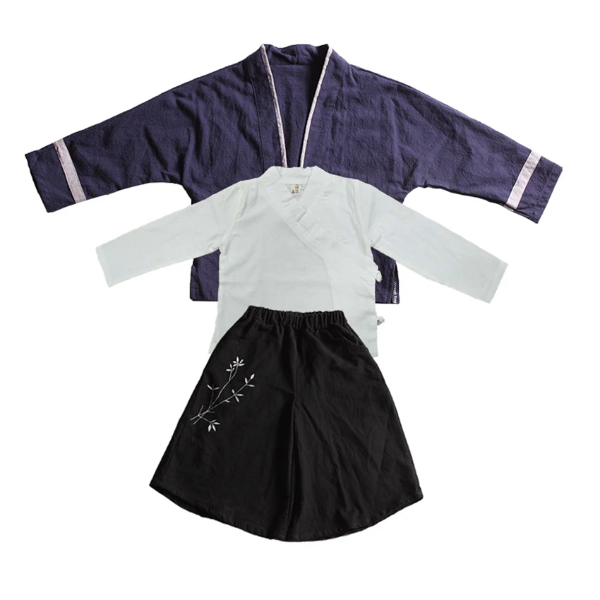 Традиционная китайская одежда для мальчиков, Hanfu, Детский костюм в стиле Тан льняная рубашка с длинными рукавами, 3 предмета, пиджак и штаны, праздничный костюм танцевальный костюм