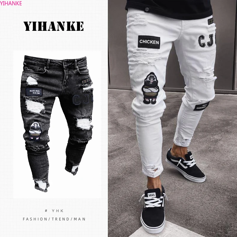 

Мужские джинсы стрейч, рваные облегающие мотоциклетные брюки с вышивкой, зауженные брюки, модная уличная одежда, Мужские брюки